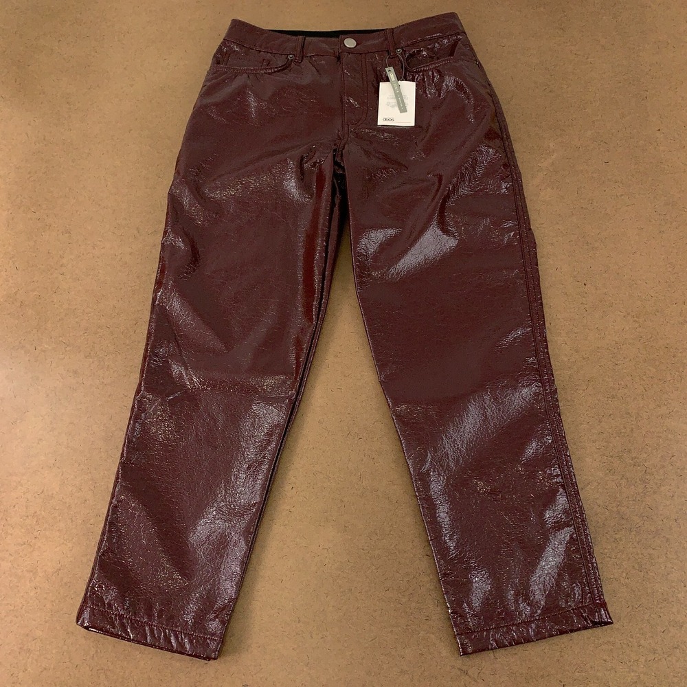 ASOS Women's Petite Size 30x28 Oxblood Vinyl Mid Rise 90's Straight Leg Jeans